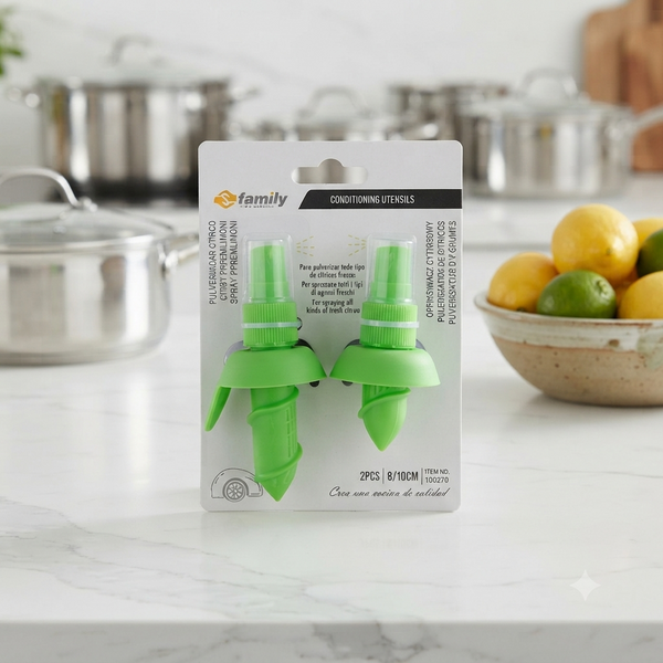 2-Piece Citrus Fruit Spray Juicer and Sprayer Set in packaging on a kitchen countertop with citrus fruits.