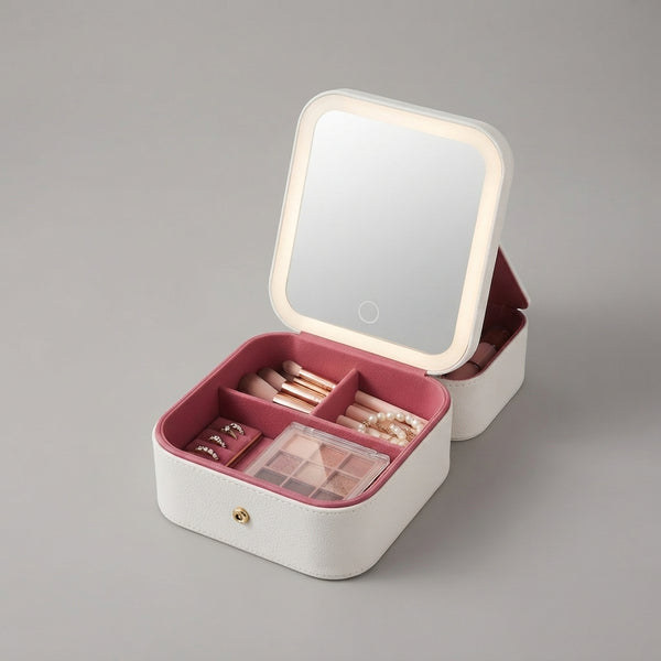 Portable Jewellery Box with Built-In LED Mirror opened displaying compartments and touch-activated LED mirror.