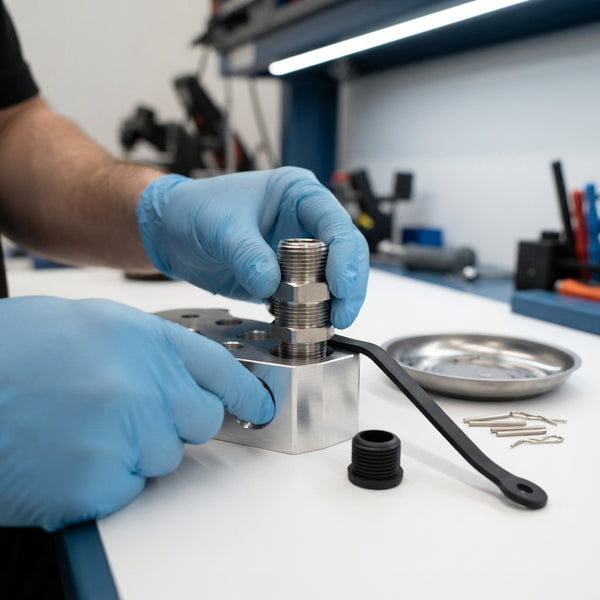 Someone assembling a Metal Return Valve Assembly component in a workshop with tools on the table.