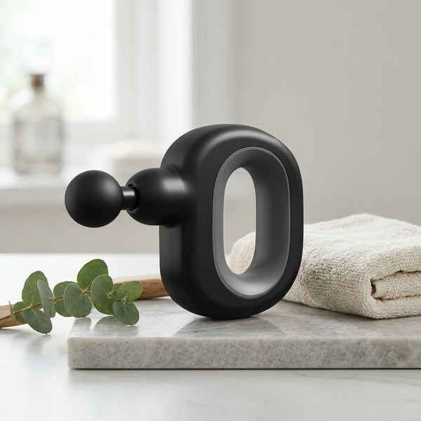 Donut-Shape Handheld Massager on a marble counter with a towel and eucalyptus leaves