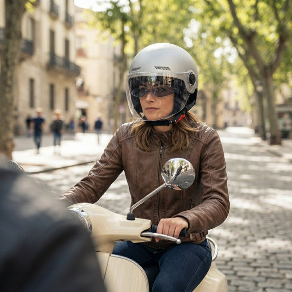Woman wearing an Open-Face Helmet with Clear Visor while riding a scooter on a sunny street.