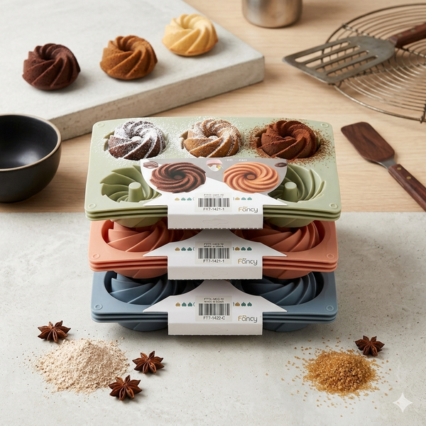 6 Cup Silicone Swirl Muffin and Cupcake Baking Tray with decorative muffins and baking ingredients on the table.