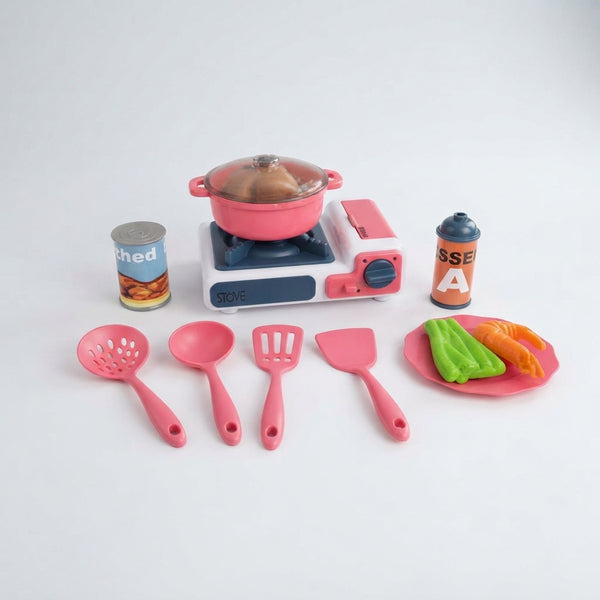 Kids Kitchen Pretend Playset with Cooking Accessories featuring toy stove, cookware, utensils, and colorful food items.
