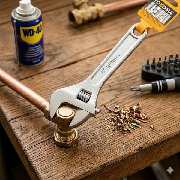 Professional Adjustable Torque Wrench in action with copper pipes and tools on a wooden surface.