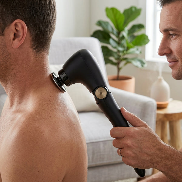 A person using a Folding Handheld Body Massager on another person's neck for relaxation and muscle relief.