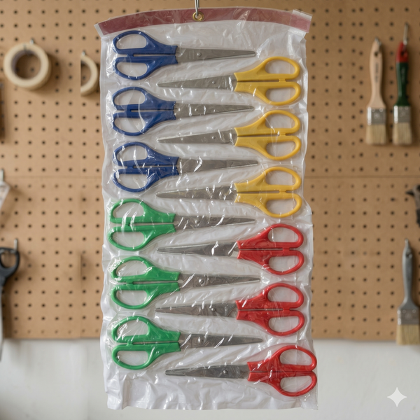 Stainless Steel 6-Inch Multipurpose Scissors in assorted colors displayed in a clear bag.