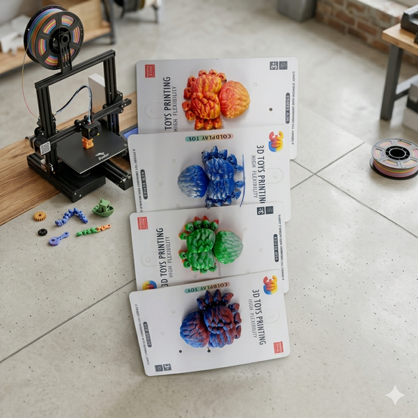 3D Printed Articulated Spider Toy Ornament alongside vibrant 3D printed designs in a creative workspace.