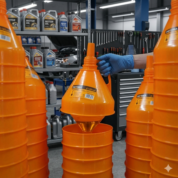 250mm Heavy Duty Automotive Plastic Funnel being used for precise pouring in a garage setting.