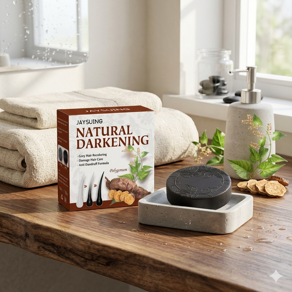 Tuber Fleeceflower Root Extract Shampoo Soap in a natural setting with towels and botanical elements.