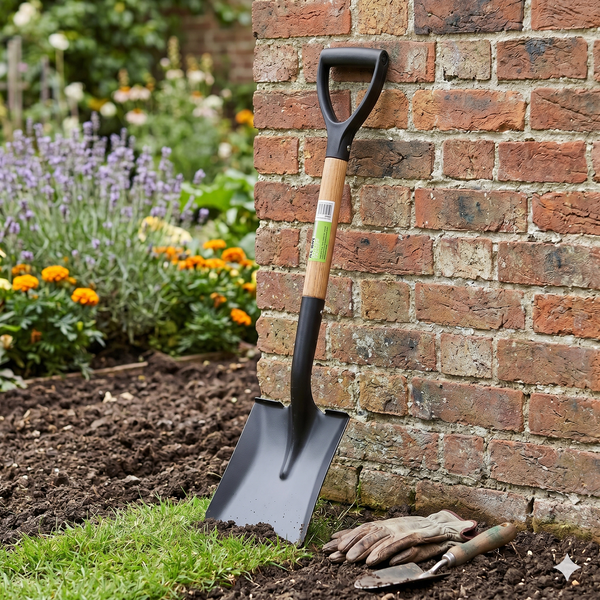 Farming Digging Square-Mouth Shovel leaning against a brick wall in a garden setting with flowers.