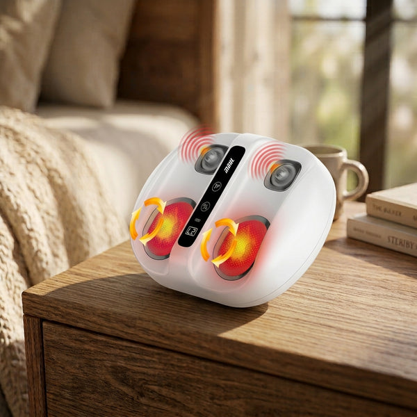 Electric Foot Massager on a wooden table, featuring heated foot pads and user-friendly controls for relaxation at home.