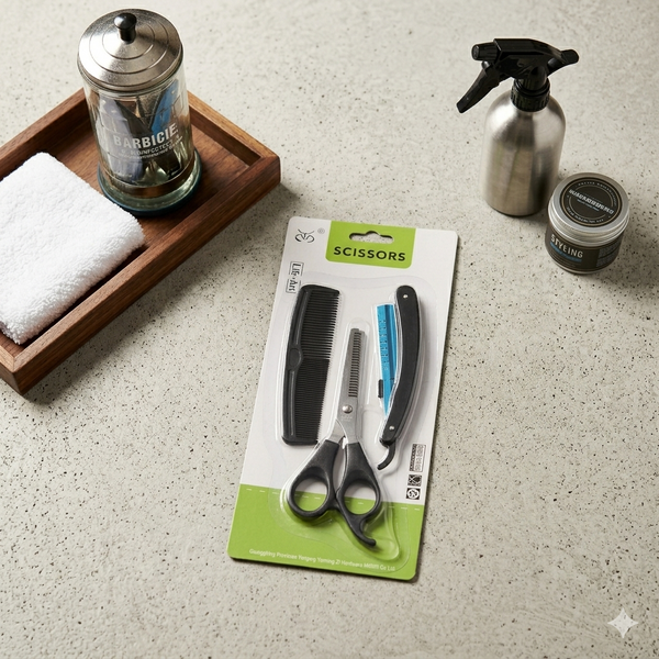 Professional Hair Grooming and Styling Kit including scissors, comb, and styling tools on a countertop.