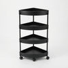 4-Tier Corner Storage Trolley with Wheels featuring a sleek black design and rolling wheels for easy mobility.