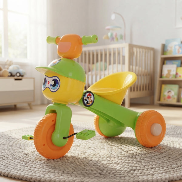 Kids First Pedal Tricycle Ride-On Toy featuring colorful design and stable three-wheel base for toddlers.