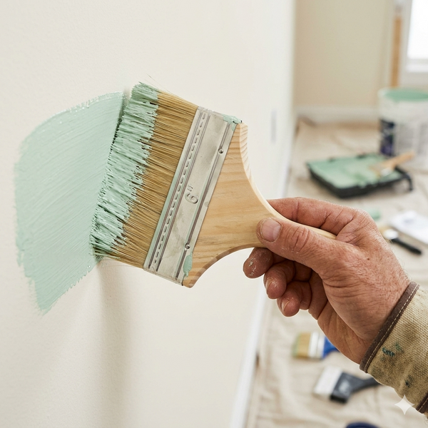 Person using an Industrial 6-Inch Wall Painting Brush to apply light green paint on a wall.