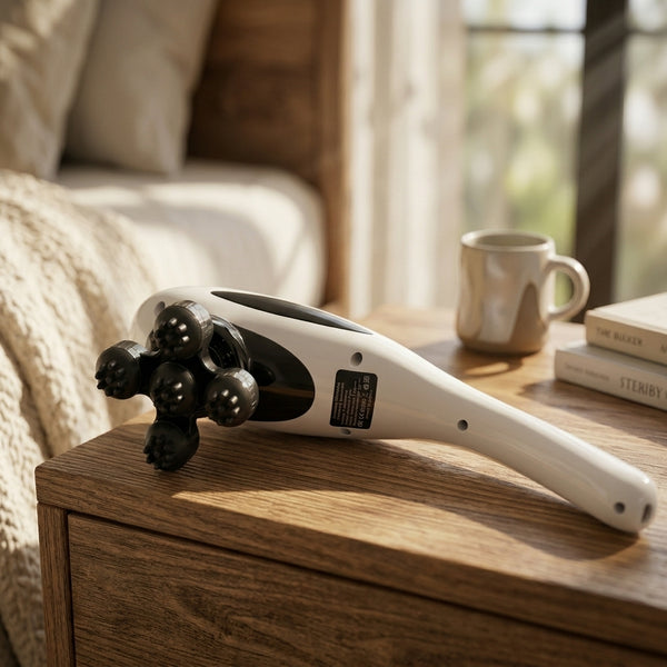 5-Head Handheld Massager resting on a wooden table next to a coffee cup and books in a cozy setting.