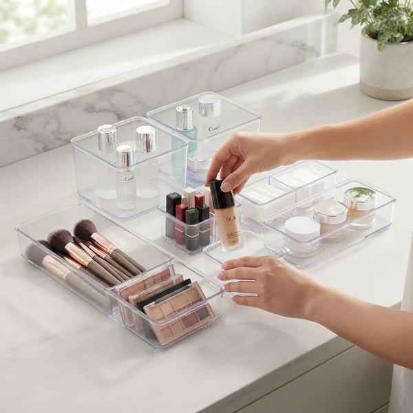 Seven-Piece Storage Box Set displaying organized cosmetics and beauty products in clear storage containers.