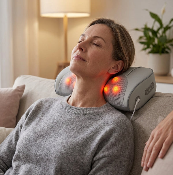 Woman relaxing on a sofa enjoying the Electric Back and Neck Massage Cushion with soothing lights.
