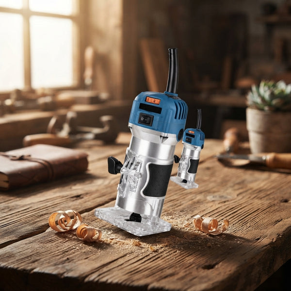 Craft Pro Compact Wood Router placed on a wooden table surrounded by woodworking tools and shavings.