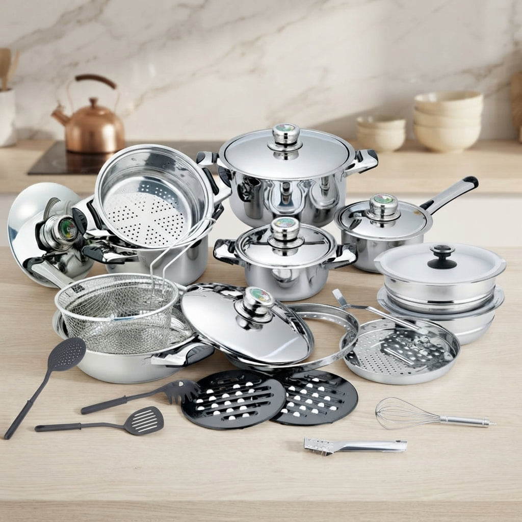 Stainless Steel Cookware Heavy Bottom Pots 27 Pieces Set | Perfect