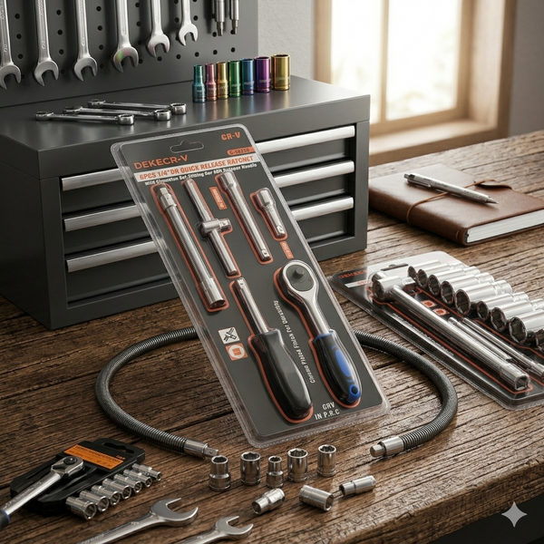 Professional 6-Piece Ratchet and Accessory Kit displayed on a workbench with various tools and a toolbox in the background.