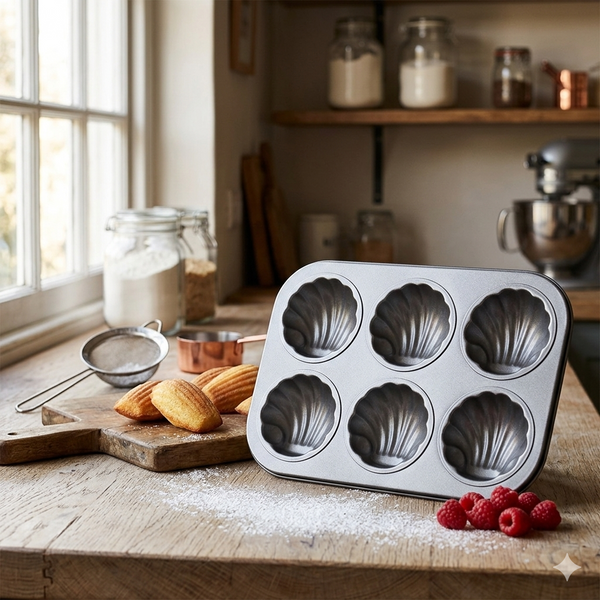 Non-Stick 6-Cup Shell-Shaped Muffin Pan with baked goods and kitchen tools in a cozy kitchen setting.