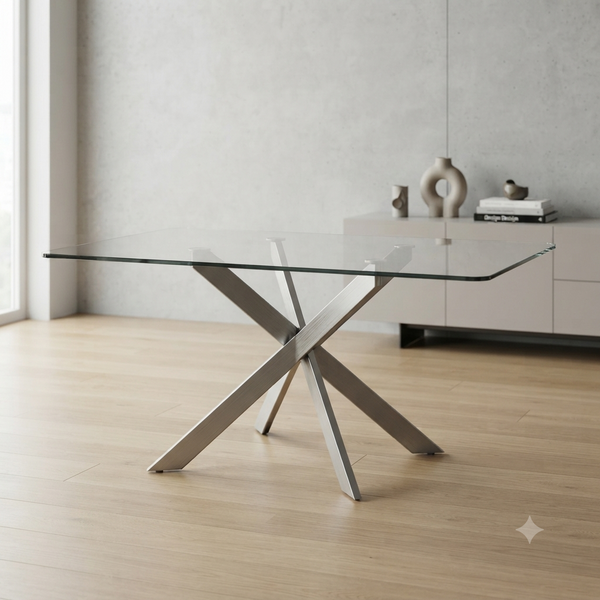 Modern Rectangular Glass Dining Table with Black Metal Base