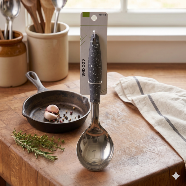 Stainless Steel Speckled Handle Serving Ladle on a wooden counter with cooking utensils and herbs.