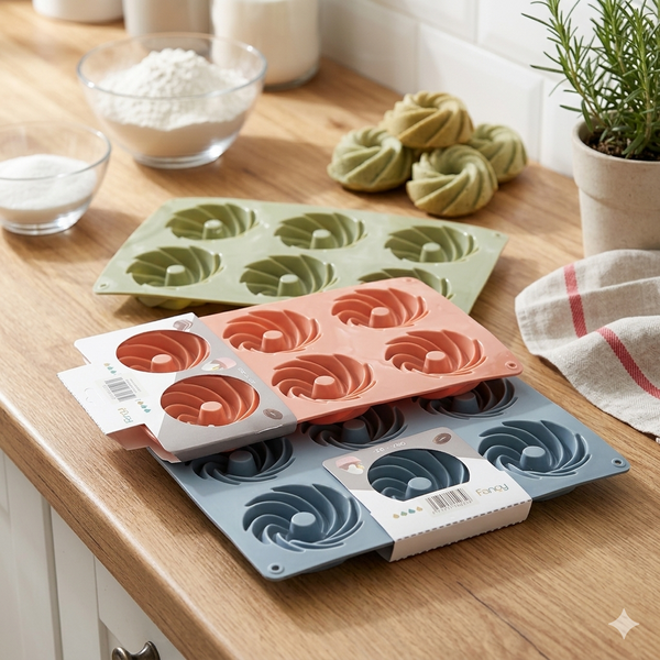 6 Cup Silicone Swirl Muffin and Cupcake Baking Tray displayed in various colors on a kitchen counter.