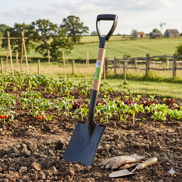 Farming Digging Square-Mouth Shovel standing in a garden with vegetables and gardening tools in the foreground.