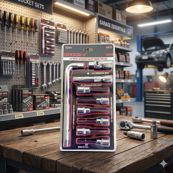 9-Piece Heavy Duty L-Handle Socket Set displayed on a tool organizer in a well-equipped garage.