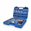 108-Piece Socket and Wrench Tool Set with Toolbox organized in a blue storage case showcasing various tools.