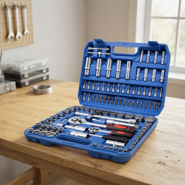 108-Piece Socket and Wrench Tool Set with Toolbox displayed on a wooden workbench, showcasing various hand tools.