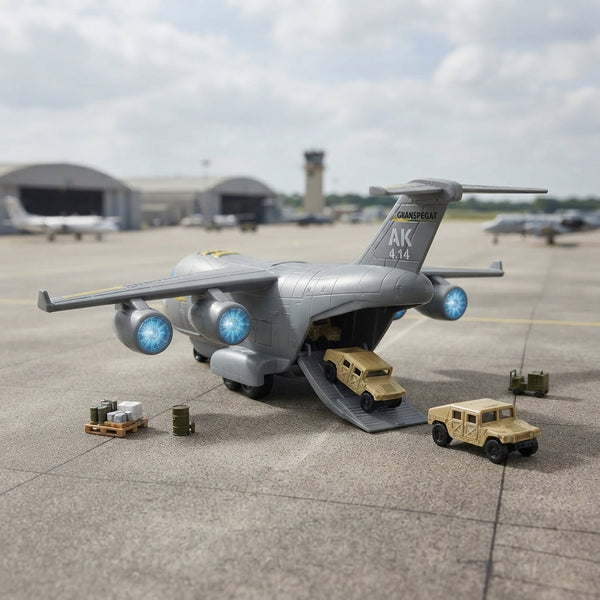 Military Transport Aircraft Toy Set with a large aircraft and miniature vehicles on a tarmac.