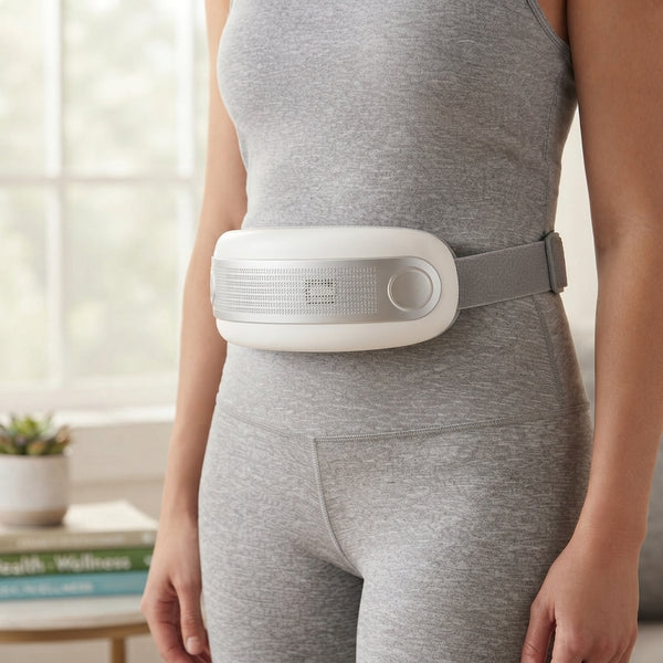 A person wearing a Wireless Heated Waist Massage Belt for comfort and relaxation during daily activities.