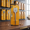 35mm Quick-Change Tri-Point Flat Wood Drill Bit displayed on a wooden table in a tool store, showcasing its packaging and design.