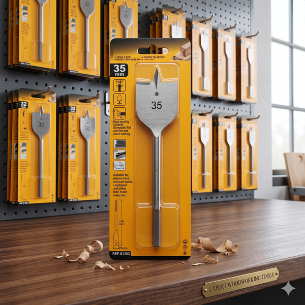 35mm Quick-Change Tri-Point Flat Wood Drill Bit displayed on a wooden table in a tool store, showcasing its packaging and design.