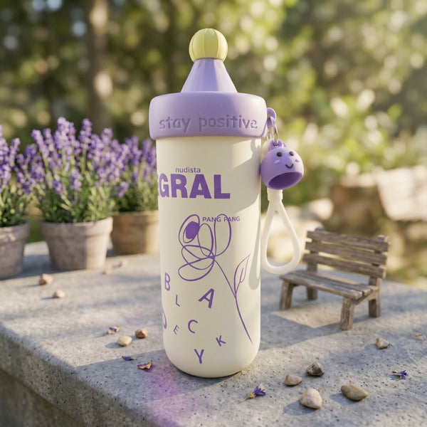 600ml Kids Character Water Bottle with a playful design and carry loop, surrounded by flowers and a small bench.