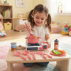 Kids Kitchen Pretend Playset with Cooking Accessories, girl playing with toy stove and cooking utensils.