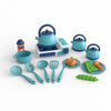 Kids Kitchen Helper Toy Cooking Set featuring colorful pots, utensils, and play food for imaginative cooking.