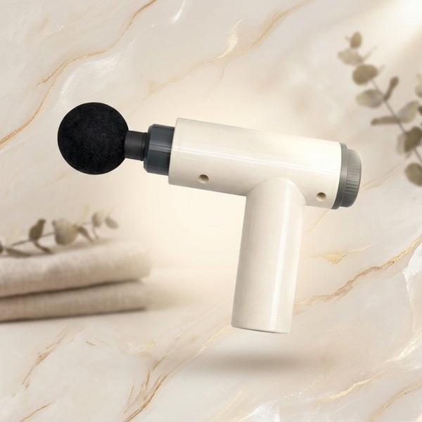 Portable Handheld Massage Gun with round attachment on a stylish background for effective vibration therapy.