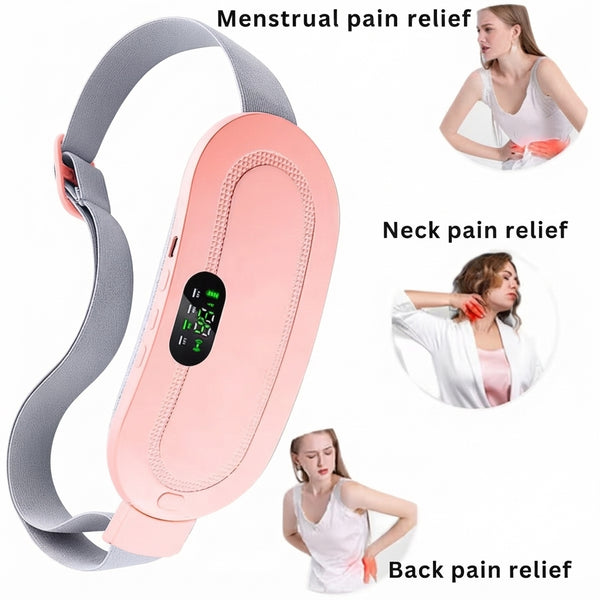 Rechargeable Heat & Vibration Comfort Belt for menstrual, neck, and back pain relief with digital display and adjustable strap.