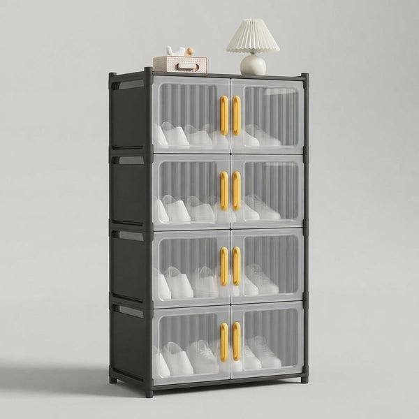5 Layer Double Door Shoe Storage Cabinet featuring a vertical design with clear compartments for organized shoe storage.