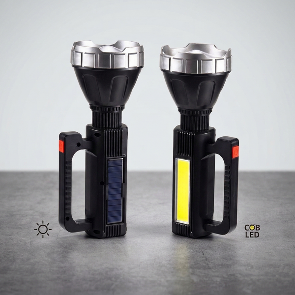 Solar Super Powerful Light Charging Flashlight featuring solar and USB charging options.