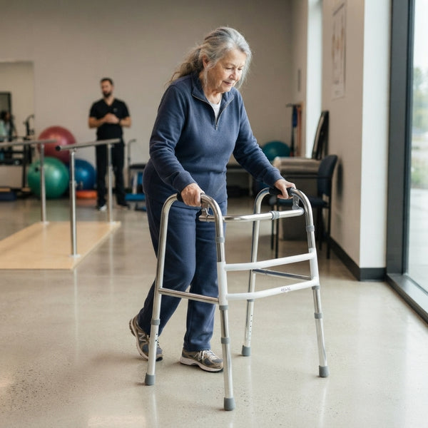 A woman using a Stainless Steel Walking Aid for support while walking in a rehabilitation center.