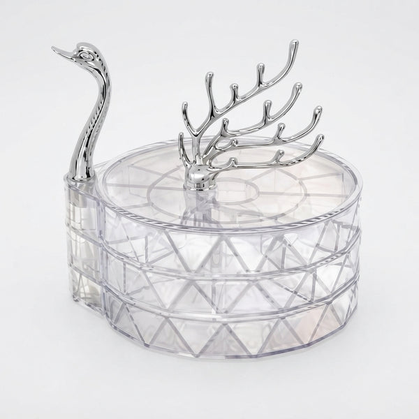 3-Tier Clear Swan Jewellery Organizer with rotating design and decorative swan-shaped handle for jewelry storage.