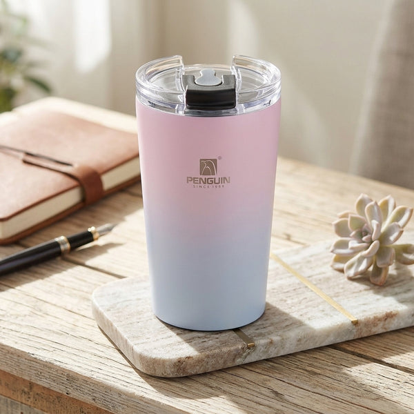350ml Stainless Steel Travel Mug on a wooden table with a notebook and succulent plant, featuring a pink and blue gradient design.
