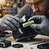 Man installing AA Rechargeable Ni-MH Battery 1.2V 400mAh in a camera while wearing gloves.
