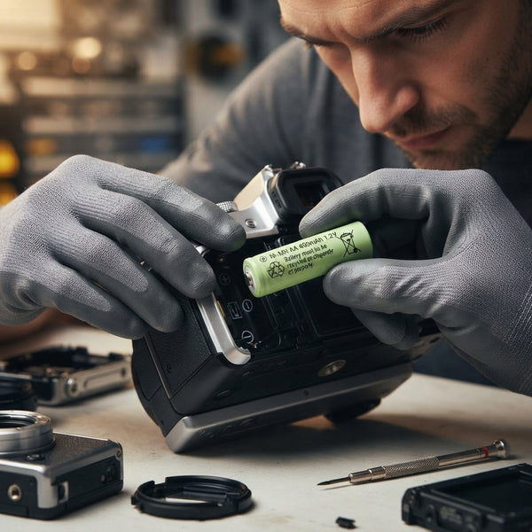 Man installing AA Rechargeable Ni-MH Battery 1.2V 400mAh in a camera while wearing gloves.
