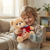 Child hugging Colorful Heart Bear Plush Toy in a cozy living room setting.